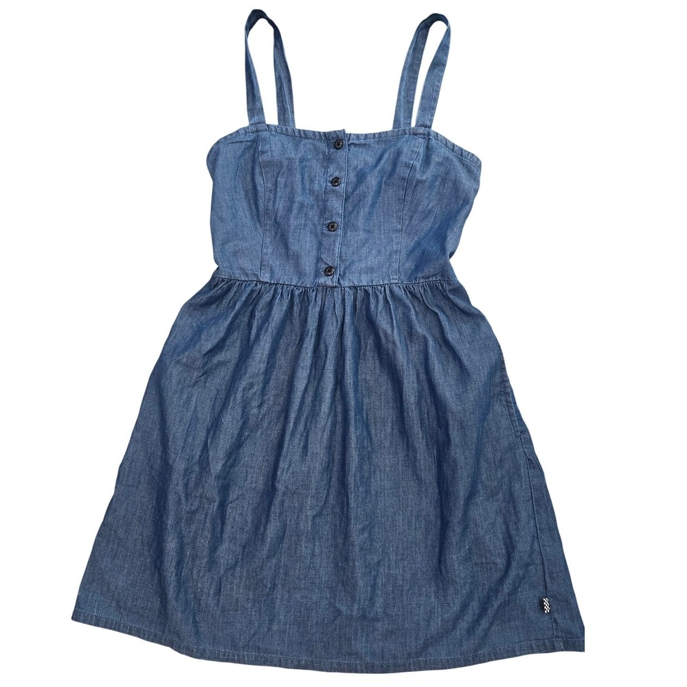 Vans Womens Denim Button Front Smocked Back Mini Dress Medium‎ Wash Blue Size M